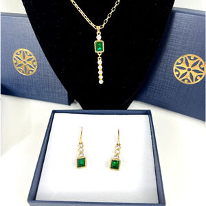 18K Gold Plated Necklace and Earrings Set w/Crystal and Green Stones 4-layer NEW
